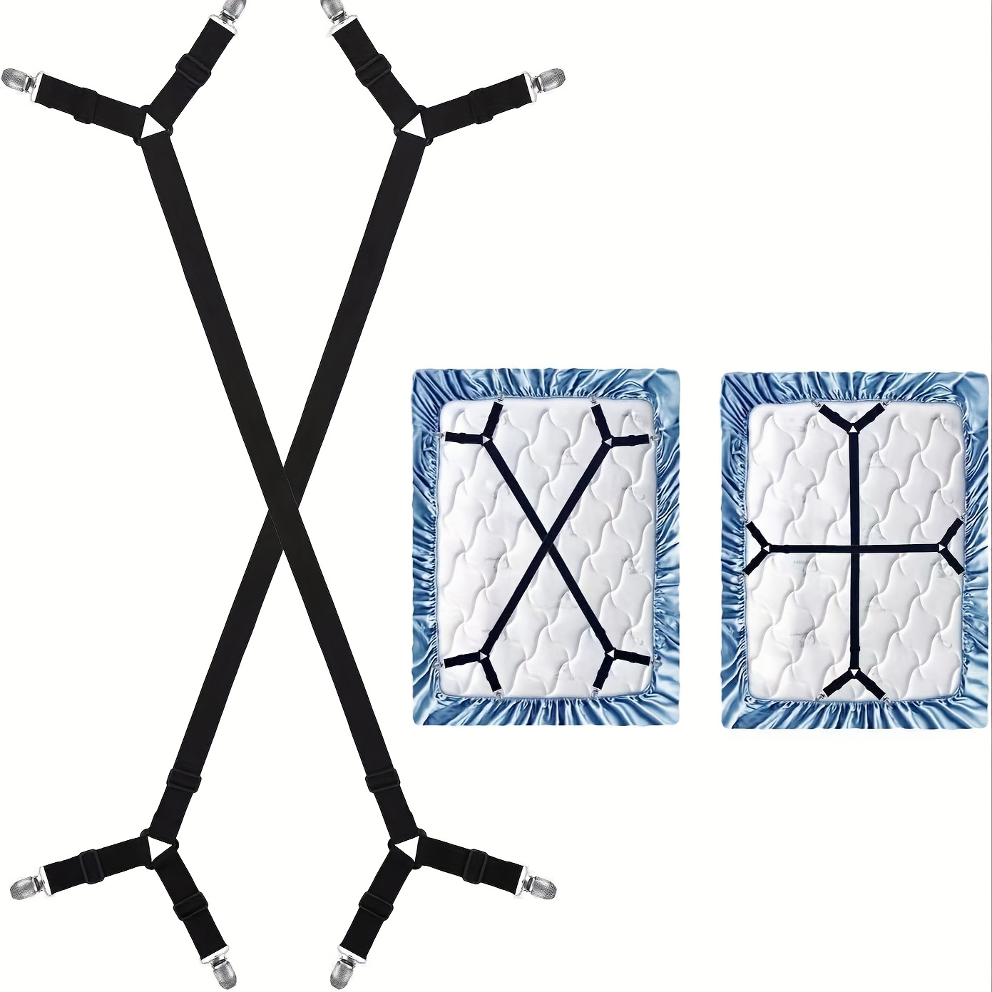 TEMU 2 Stuks Verstelbare Beddengoedbanden, Driehoekige Elastische Matrashoes Clips, Metalen Gripper Voor Tafelkleed Bankhoes, Zwart Nylon Geweven,