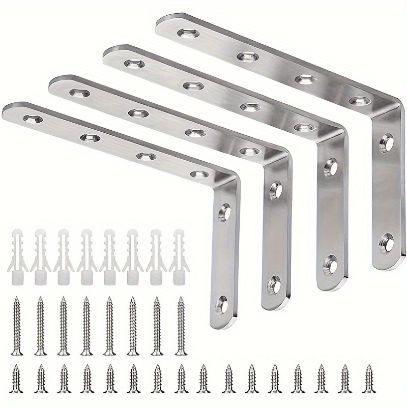 

4pcs Heavy Duty Stainless Steel L Brackets For Shelves - Decorative Corner Braces With Screws, 5" X 3" Right Angle Wall Hanging Support