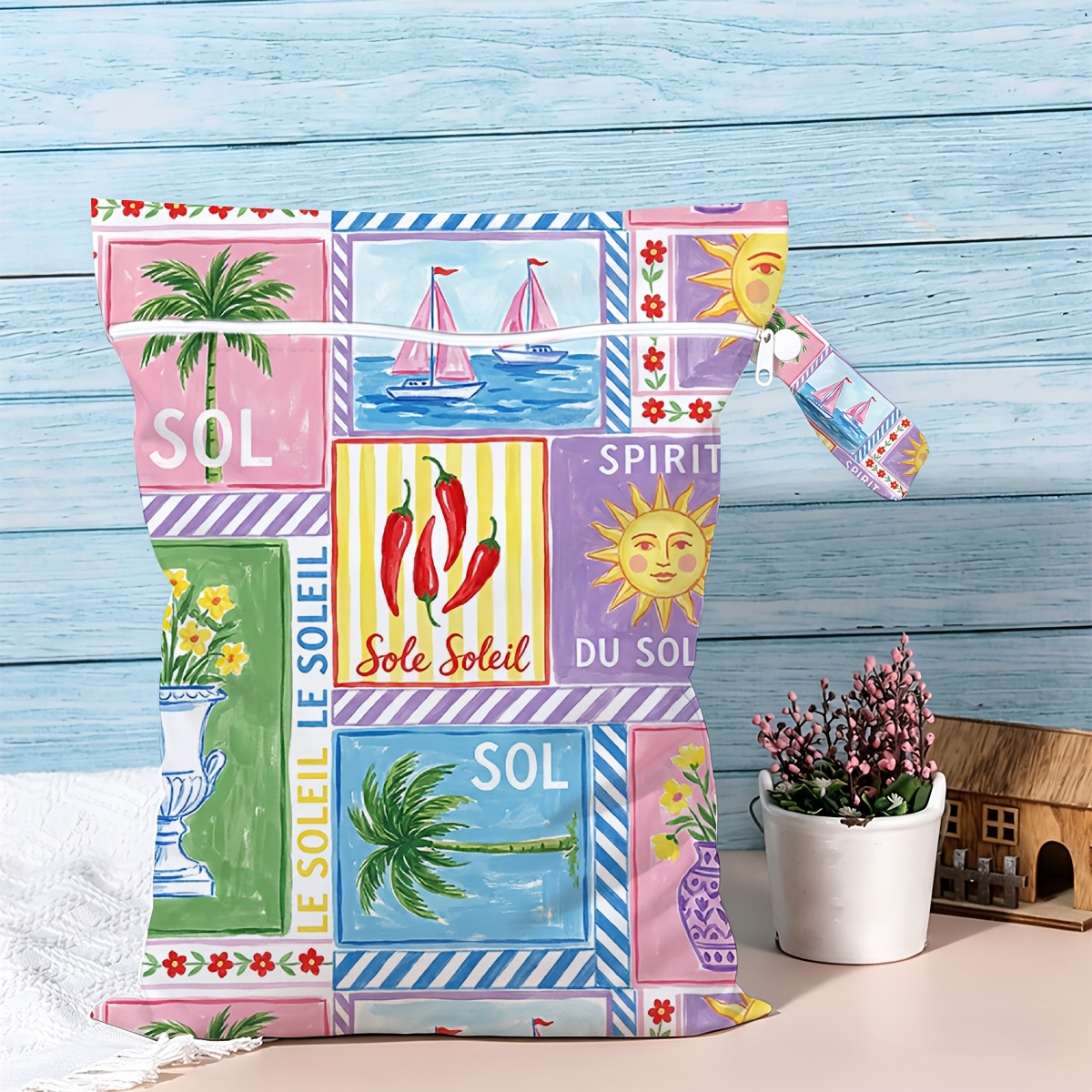 TEMU Vacation Print Wet Dry Separation Bag Portable Travel Beach Garment Storage Zipper Pouch