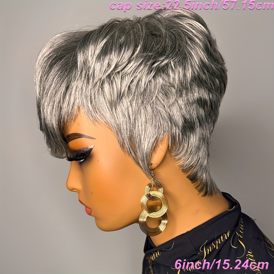 TEMU Short Cut Wigs Made From Brazilian Human Hair, Featuring Straight Layered Styles And A Glueless , In Grey, Use.