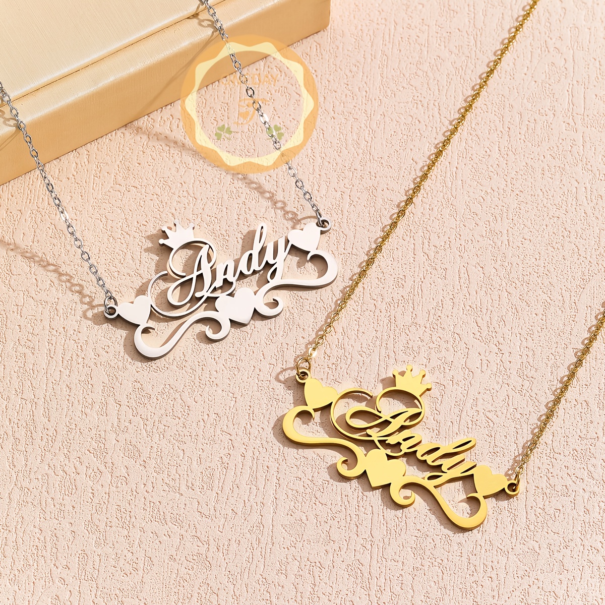 Custom Name Necklace, Stainless Steel Pendant with Ribbon & Heart