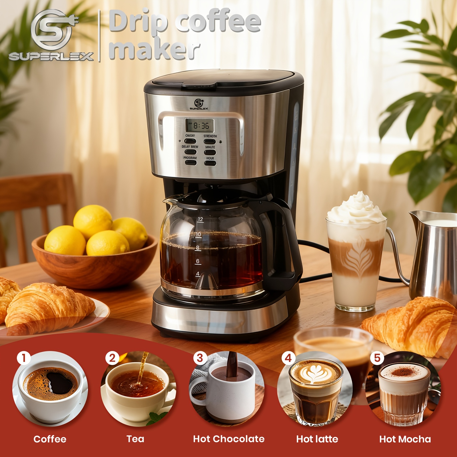 E-shop SUPERLEX 1,5L Tropfkaffeemaschine mit sechs Funktionen, darunter Stärkekontrolle, Timer, Display, 1-4 Tassen- und Anti-Tropf-System. Inklusive