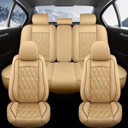 universal car 5 seat cover pu leather cushion full set front rear ssolid split bench back cover protector waterproof diamond pattern christmas gift