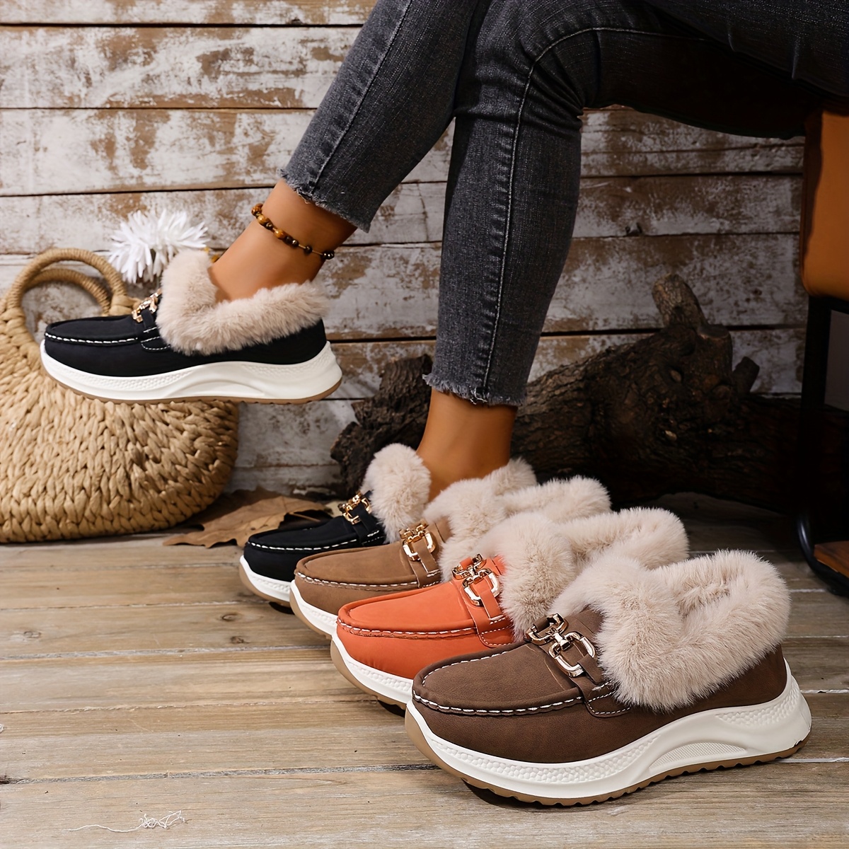 womens winter snow boots with thick platform heel slip on   upper plush like collar   strap brown white   trim wide width     pvc sole cozy winter shoes no assembly for snow 4