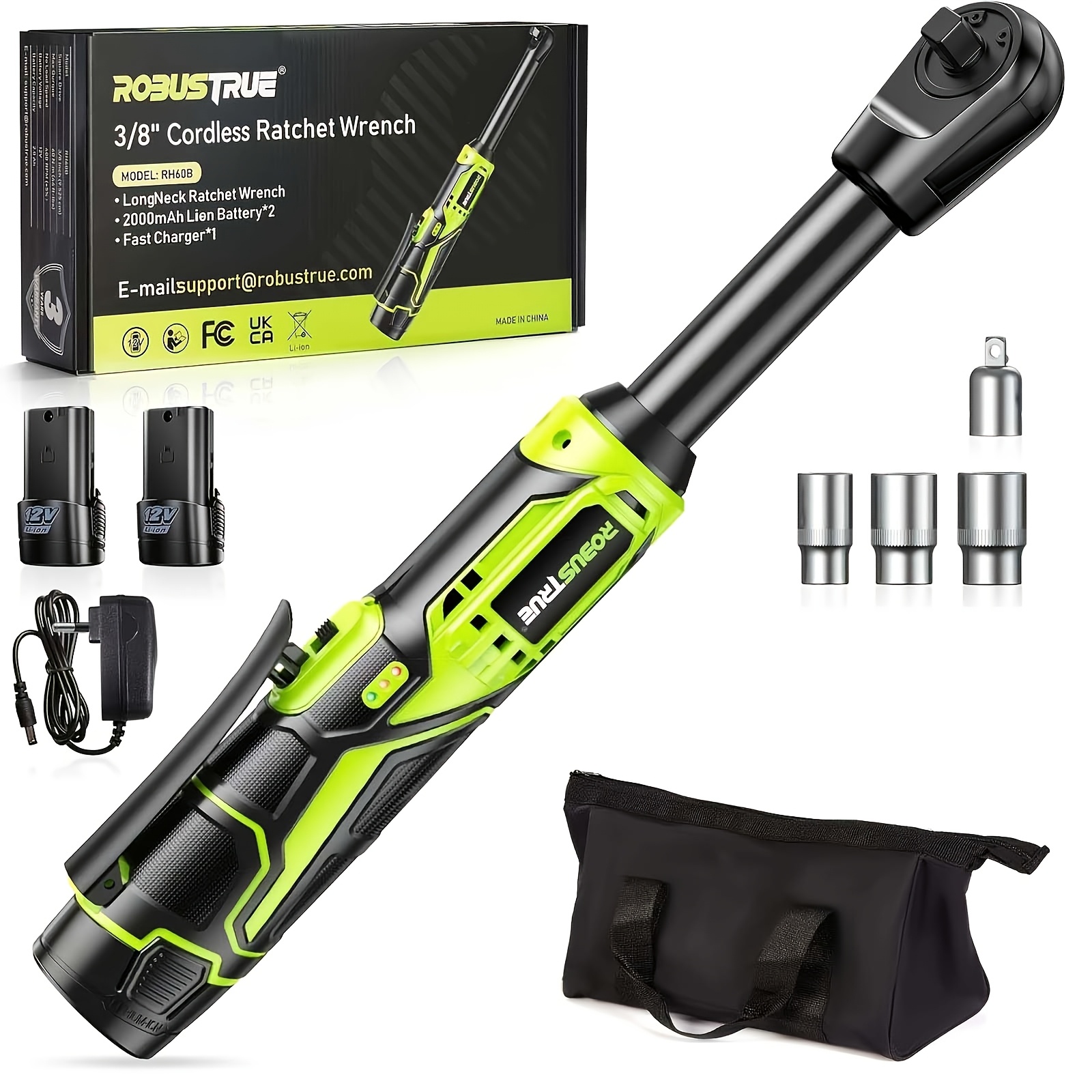 Robustrue -lbs Heavy Duty Cordless Ratchet Wrench Kit W/ 2 Batteries - 6" Extended Electric Ratrench, 400rpm Variable Speed, Led Light & 7 Sockets For Automotive Diy (3/ 8" )