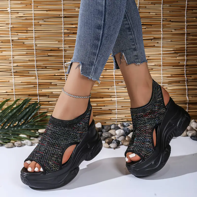 womens lightweight breathable crochet wedge sandals open toe thick sole casual shoes with ankle strap white colorful geometric for casual attire strappy sandals Product details 0