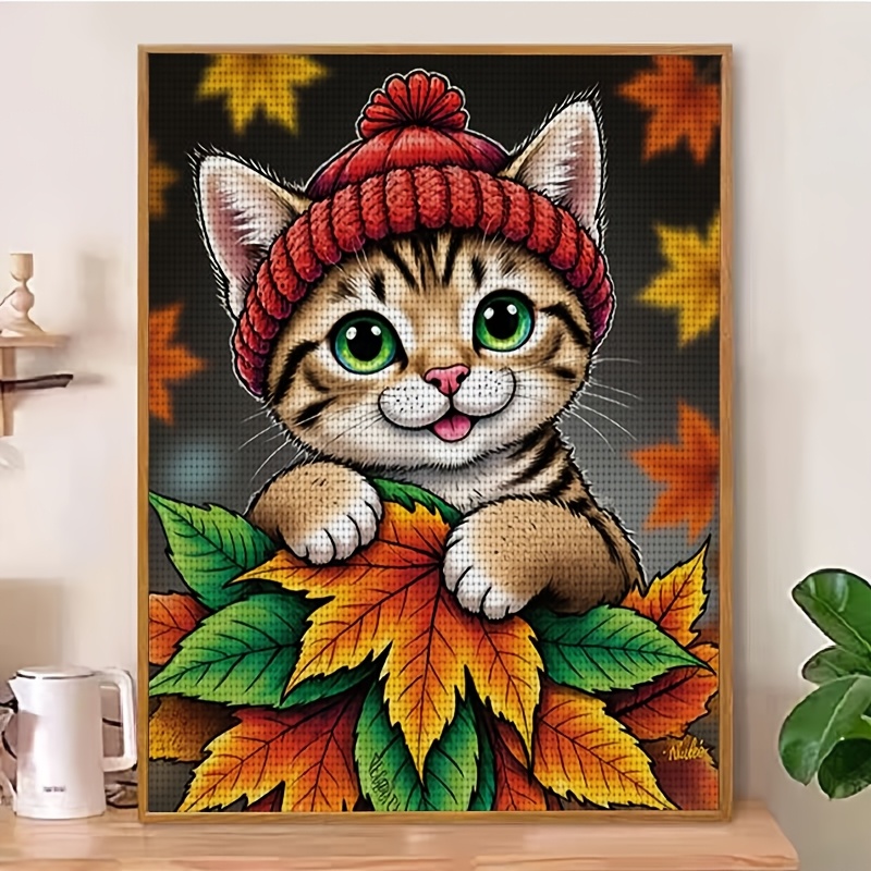 Frameless Cross-Stitch Printed Kit, Red Hat Kitten and Autumn Leaves