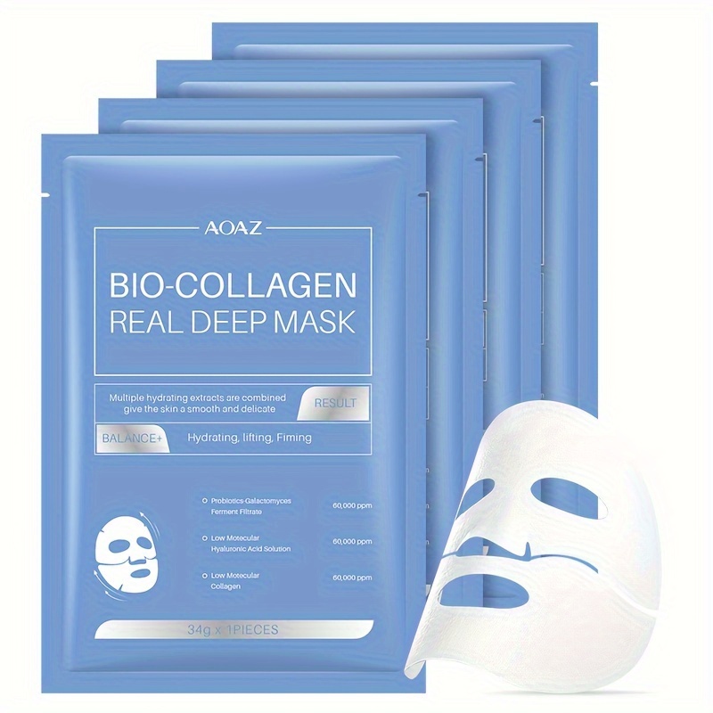 (1pc/4pcs) Bio-Collagen Real Deep Mask Pack Hydrating & Firming Facial Sheet Masks with Collagen, Hyaluronic Acid & Nicotinamide Moisturizing & Invigorating for All Skin Types