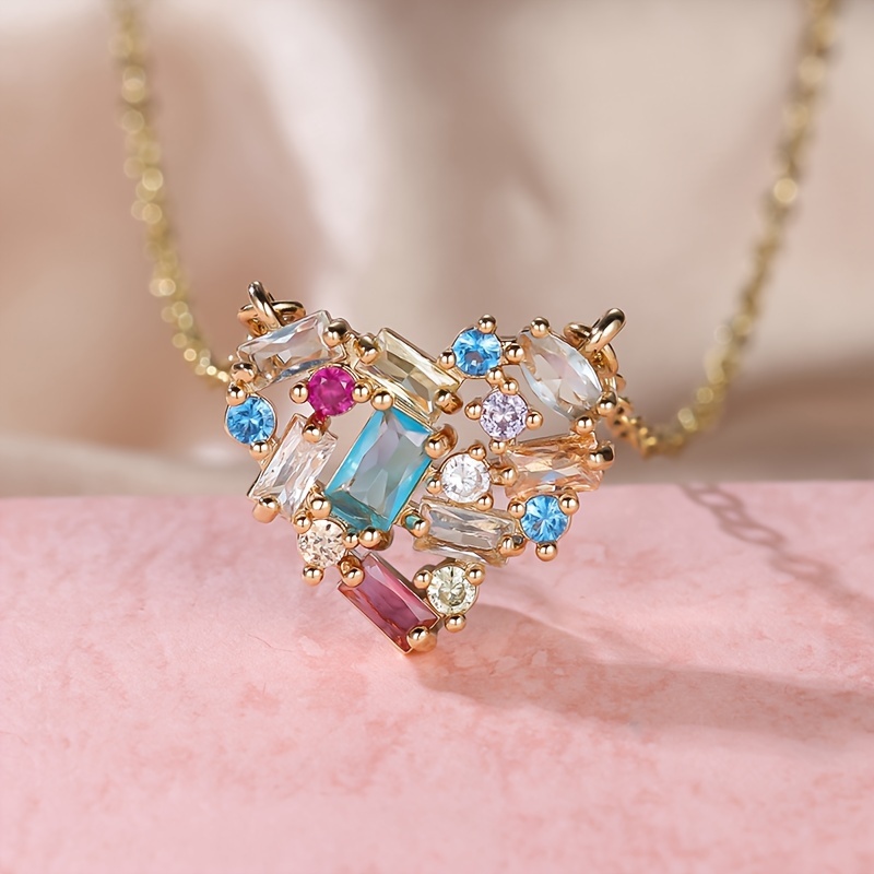 Heart Pendant Necklace with Multicolor Zirconia Stones