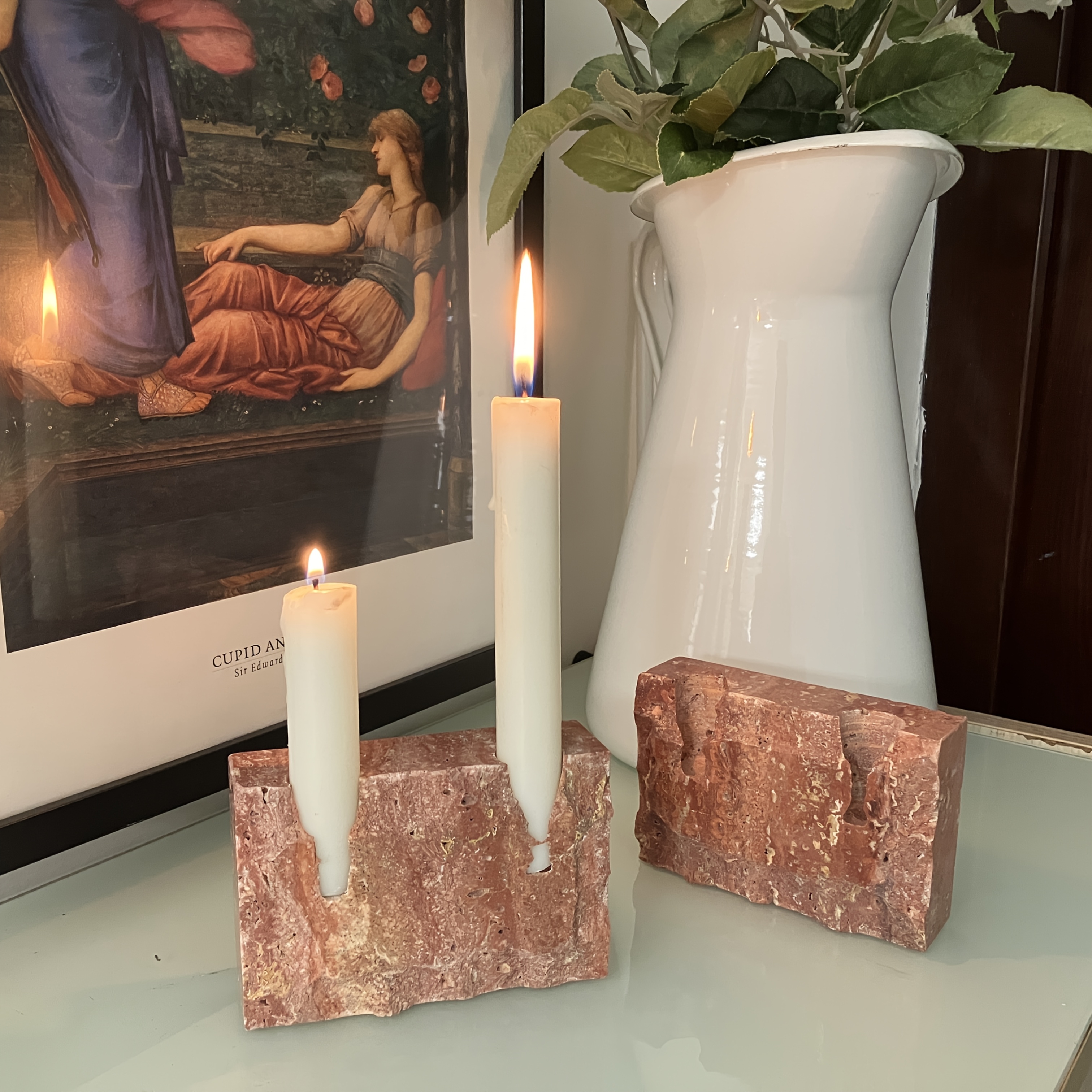 1pc Natural Red Marble Candle Holder - Uniquely Designed Rectangular Two-Hole Candleholder, Holiday Candle Holder, Onyx Candle Holder Base, Travertine Candle Holder, Multi-Branch Candle Holder, Suitable for Weddings, Parties, and Holiday Decoration.