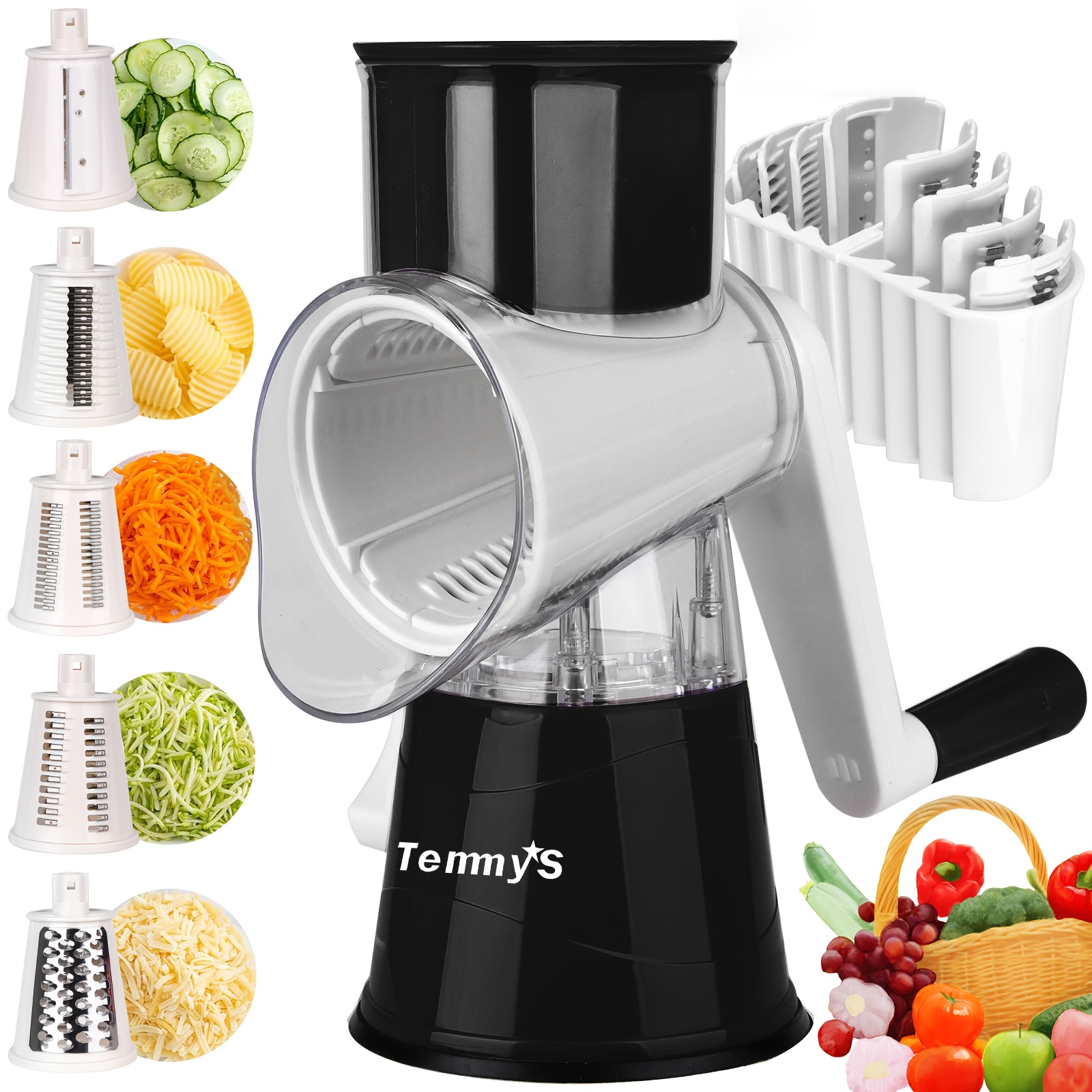 Image of Rotary Cheese Grater And Slicer Mandoline Vegetable Slicer With Removable Blade And Storage Box Waffle Cookie Slicer With Handle And Strong Suction Base Nut Chopper