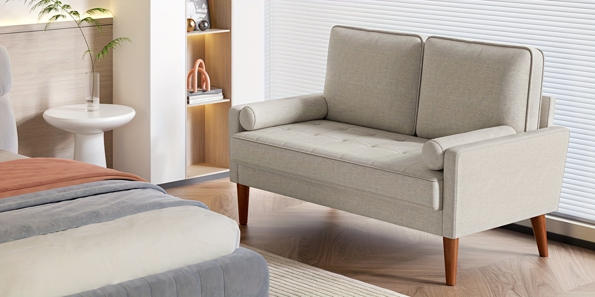 linen sofa with   small 2 seater for living room bedroom office comfy couch with armrests   seat in ashbeige details 3