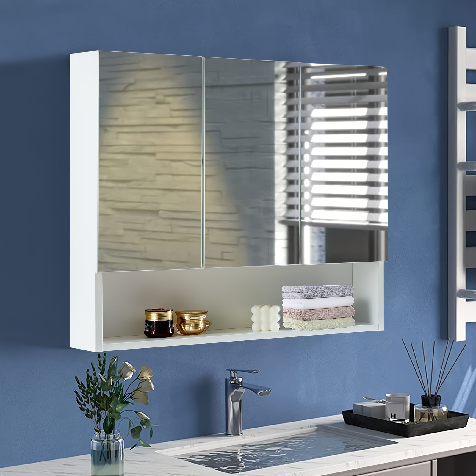 Image of Wall-mounted Bathroom Mirror Cabinet With 2/3 Doors & Adjustable Shelves - Space- Storage Unit With Mirror Doors, Wood Mdf/ Cabinet Suitable For Bathrooms, No