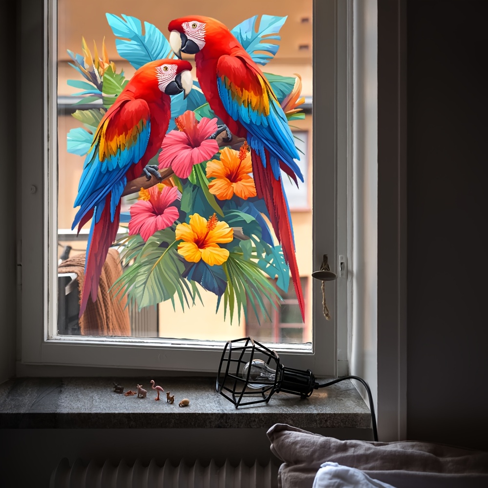 Image of Vibrant And Colorful Parrot Window Decal, Tropical Bird Glass Sticker Featuring Parrots And Flowers For Bedroom, Living Room, And Skylight Wall Decoration