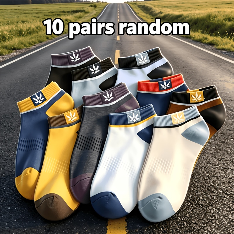 TEMU 10 Pairs Men's Ankle Socks With Contrasting Toe And Heel Shipped , Featuring Vertical Ribbing, Breathable Low-cut Design With Small Leaf Fabric