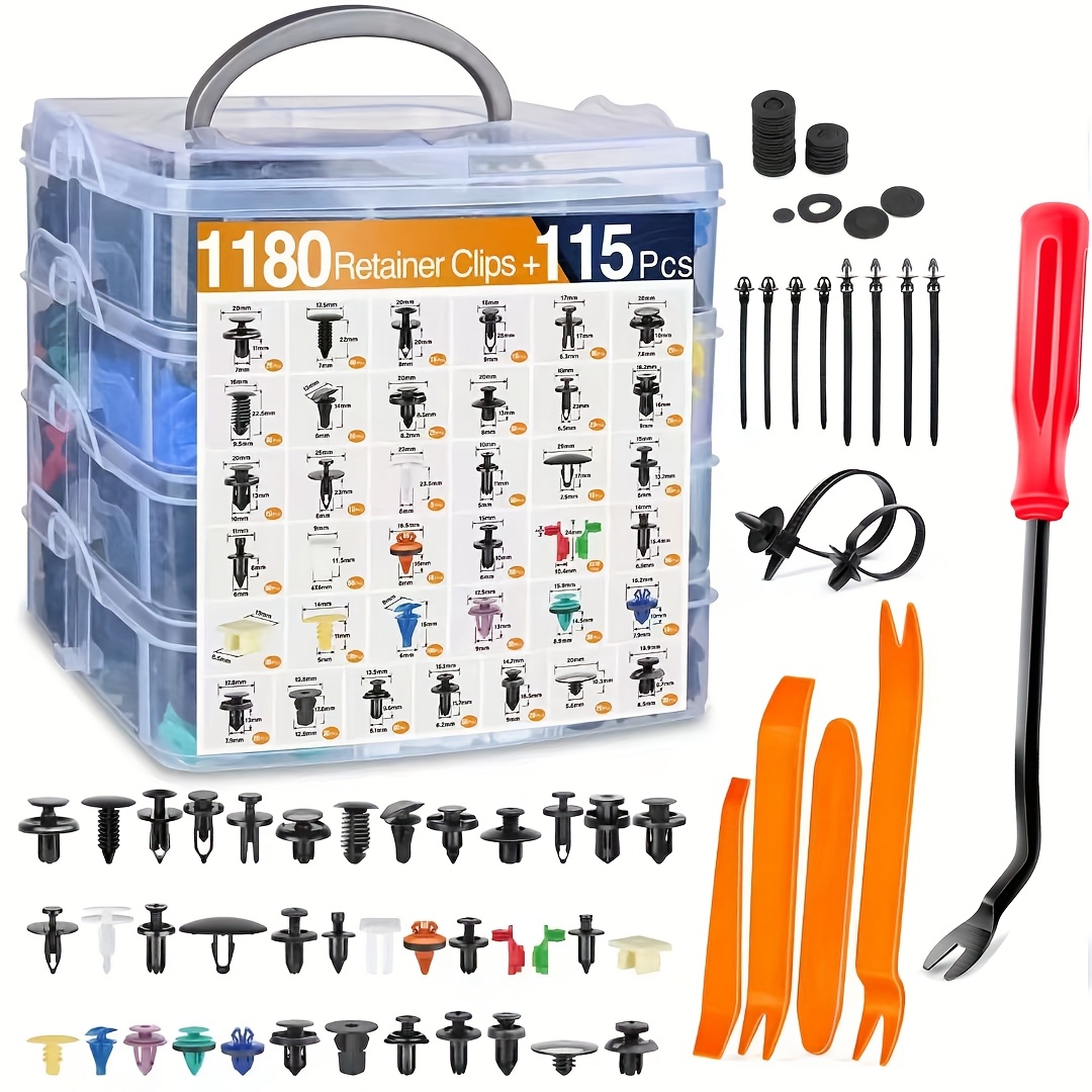 TEMU 1295pcs Car Clip And Fastener Kit, Durable Nylon Rivets, Cable Ties, Push Pins, And Plastic Parts With Removal Tools, Suitable For Body Panels,