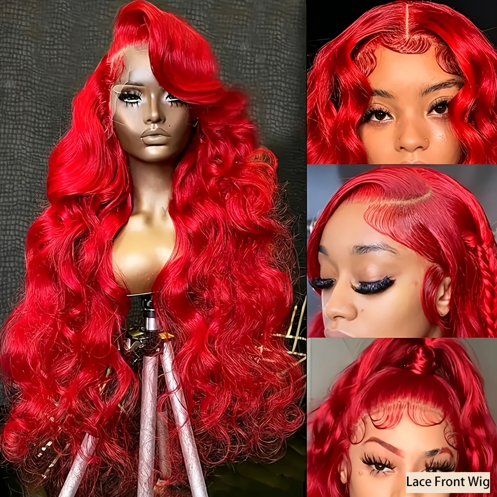 Image of Red Wig Soft 26 Inch Long Body Wave 180% Density 13x4 Lace Front Wig For Women Dark Red Color Heat Resistant Synthetic Glueless Preplucked Daily Wig