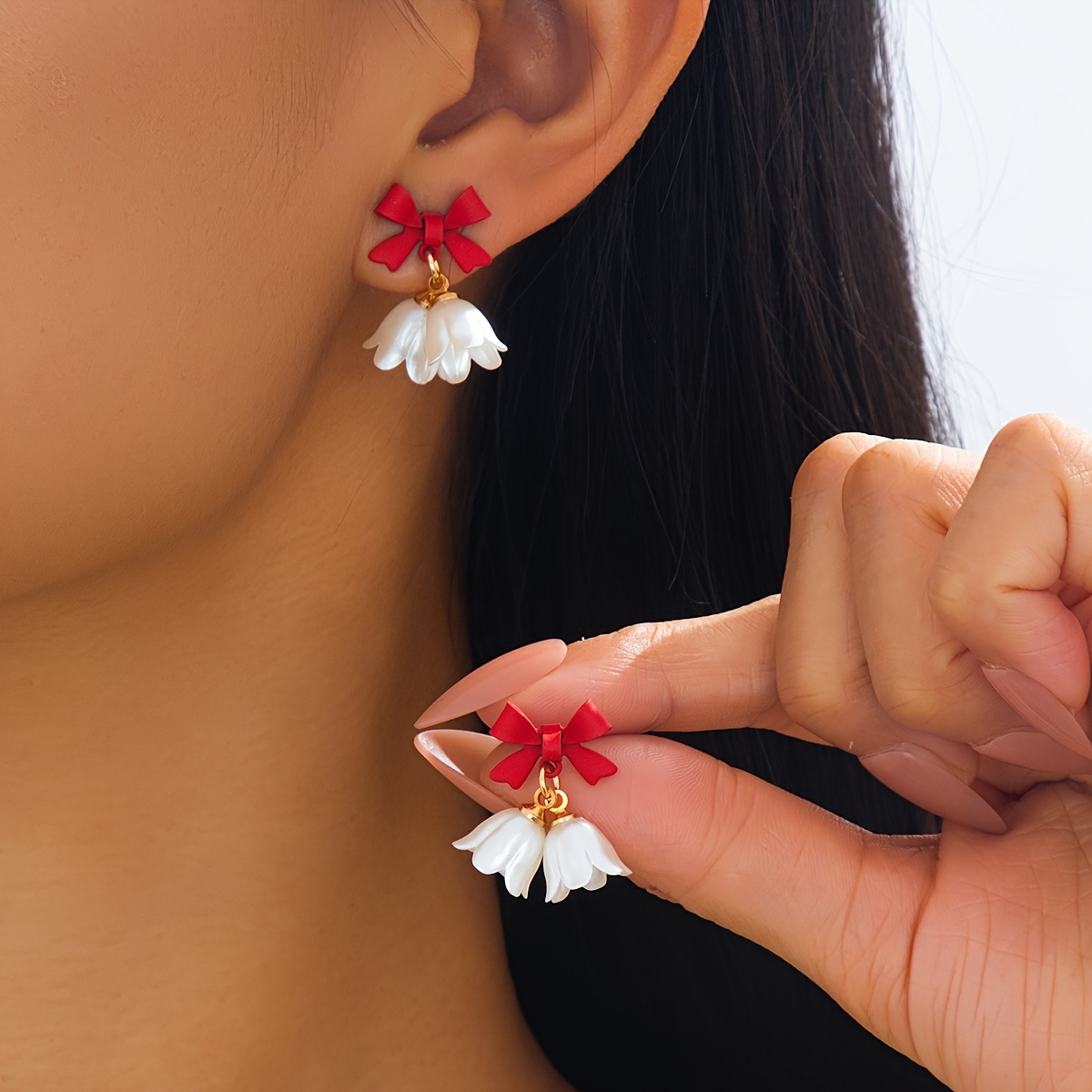 TEMU 2pcs Boucles d'oreilles Tendance et Mignonnes Noël Rouge Nœud Fleur Adaptées aux Cadeaux Quotidiens pour Femmes Vêtements