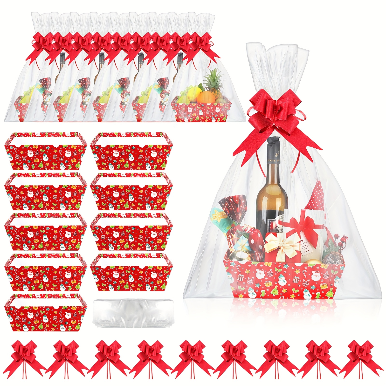 27pcs Christmas Baskets For Gifts Empty, 9pcs Gift Baskets Empty With Handles 9pcs Basket Bags And 9pcs Red Pull Bows Cardboard Baskets Bags Kit For Birthday Holiday Wedding Party