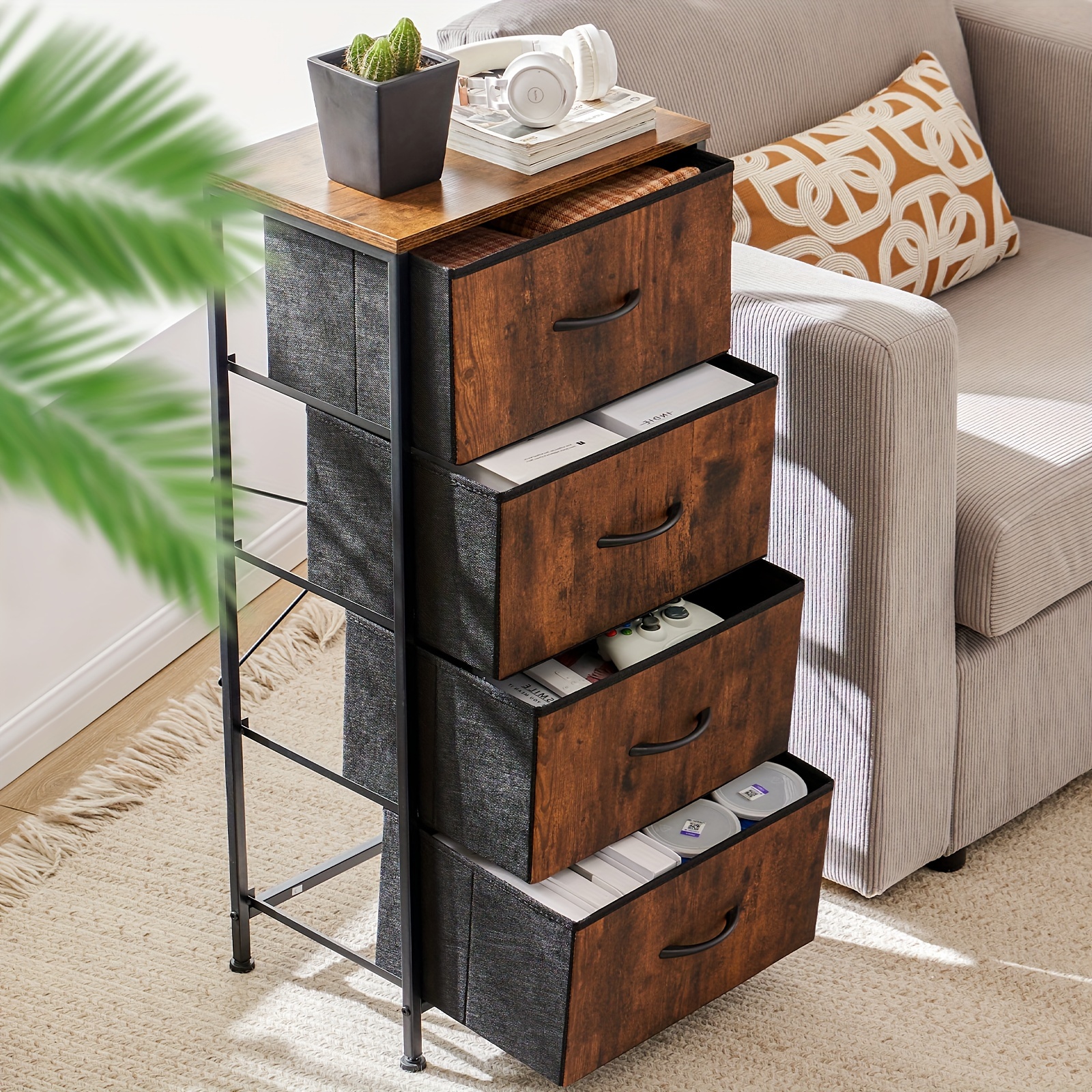 

Dresser Organizer With 4 Storage Drawers, Chest Of Drawers With Fabric Bin, Steel Frame, Wood Top For Bedroom, Closet