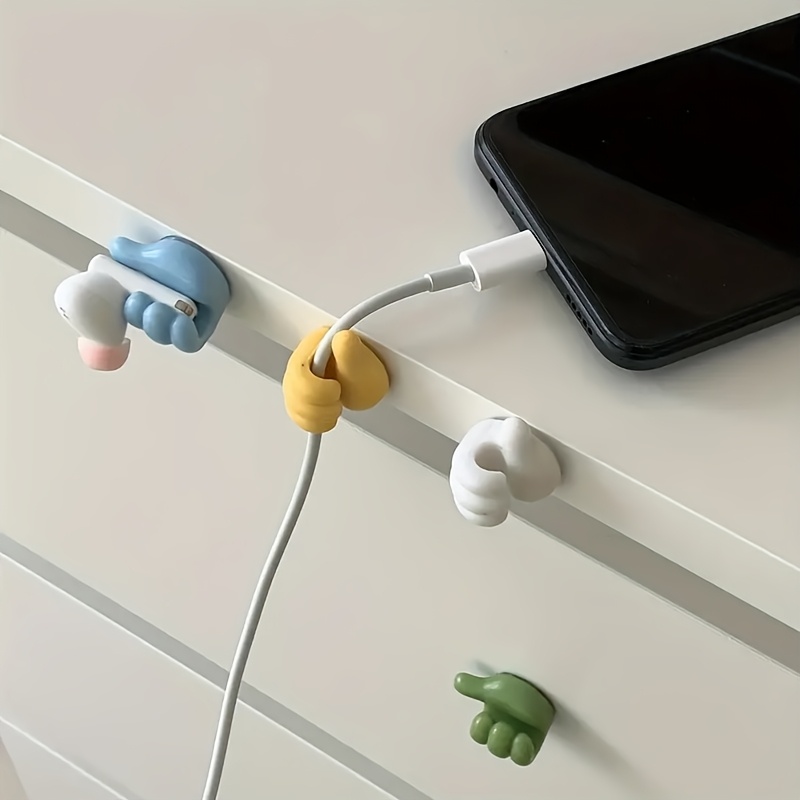 5pcs thumb shaped cable organizer clips no drill   hooks for home kitchen and bedroom assorted colors yellow blue white green plastic material   charging cables and small accessories cord holder desk drawer organizer for home storage details 2