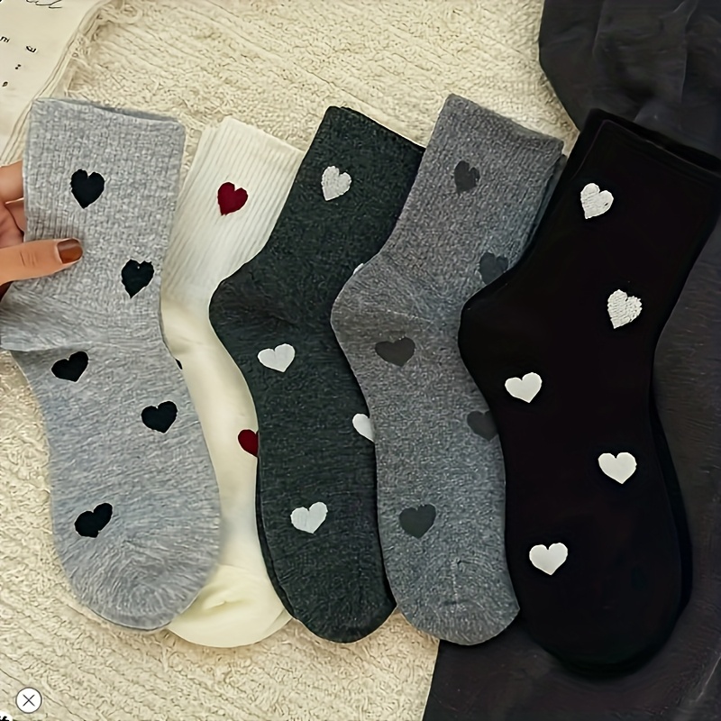 Image of 5 Pairs Of Comfortable Women's Knee-high Socks, Heart Pattern Fabric, Hand Washable Machine Washable, Couple Socks, Medium Length Socks, Comfortable Women's Socks Casual Socks
