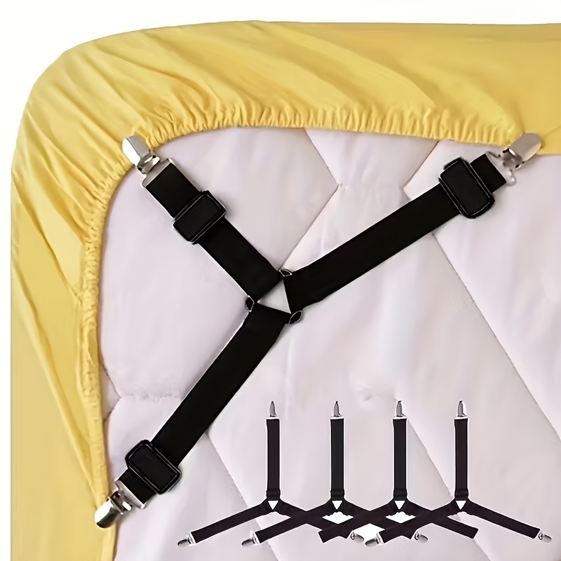 4 pack adjustable elastic bed sheet straps with transparent clips non slip easy clean nylon fasteners for securing bedding and sofa covers black