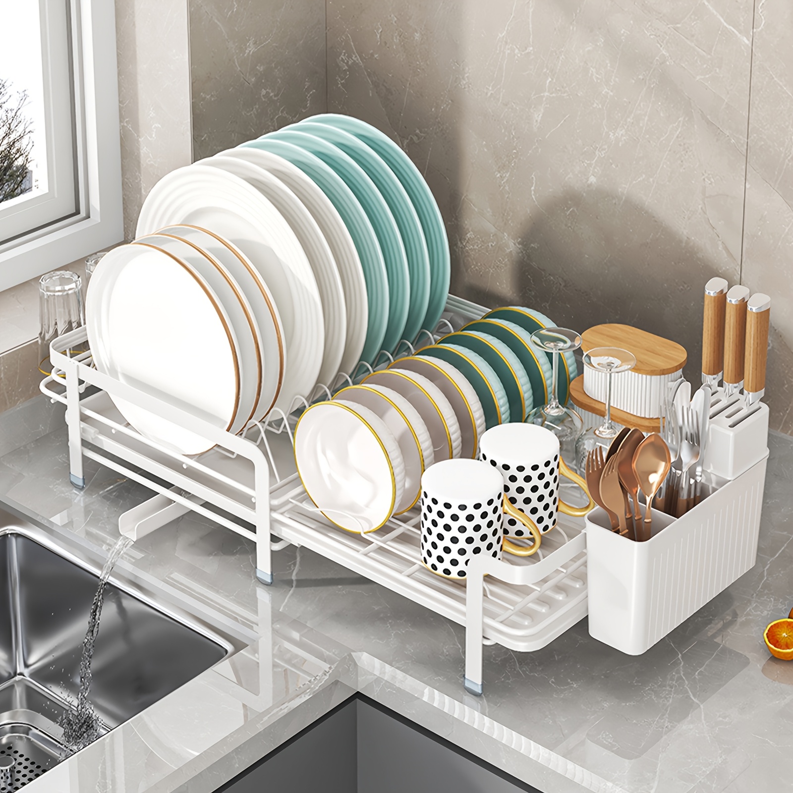 1pc, Dish Rack, Adjustable Telescopic Dish Draining Rack, With Drain Tray And Swivel Drain Pipe, Multifunctional Kitchen Utensil Storage Rack, Cup Holder, Cutlery Holder, Kitchen Storage Box