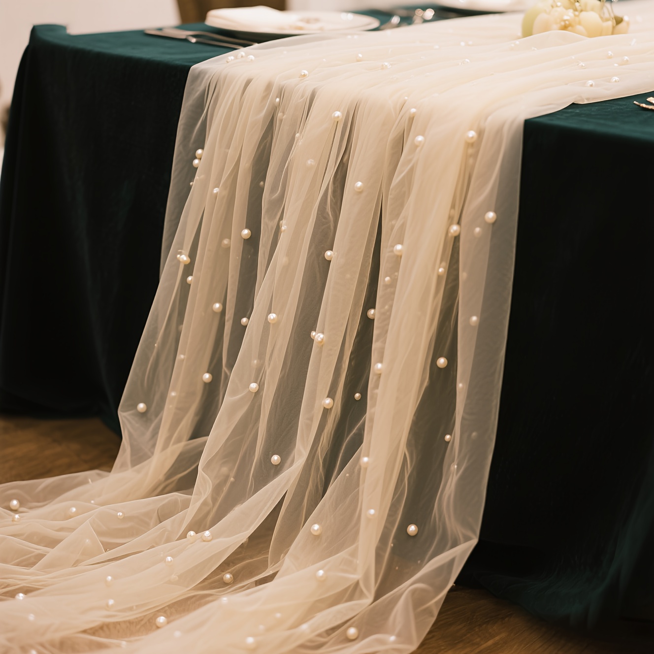Image of 1pc Pearl Lace Sheer Tablecloth, 64. 118.8 Inches - Bridal Party Decoration/bohemian Dessert Table Scarf/wedding Arch Baby Shower Background Curtain