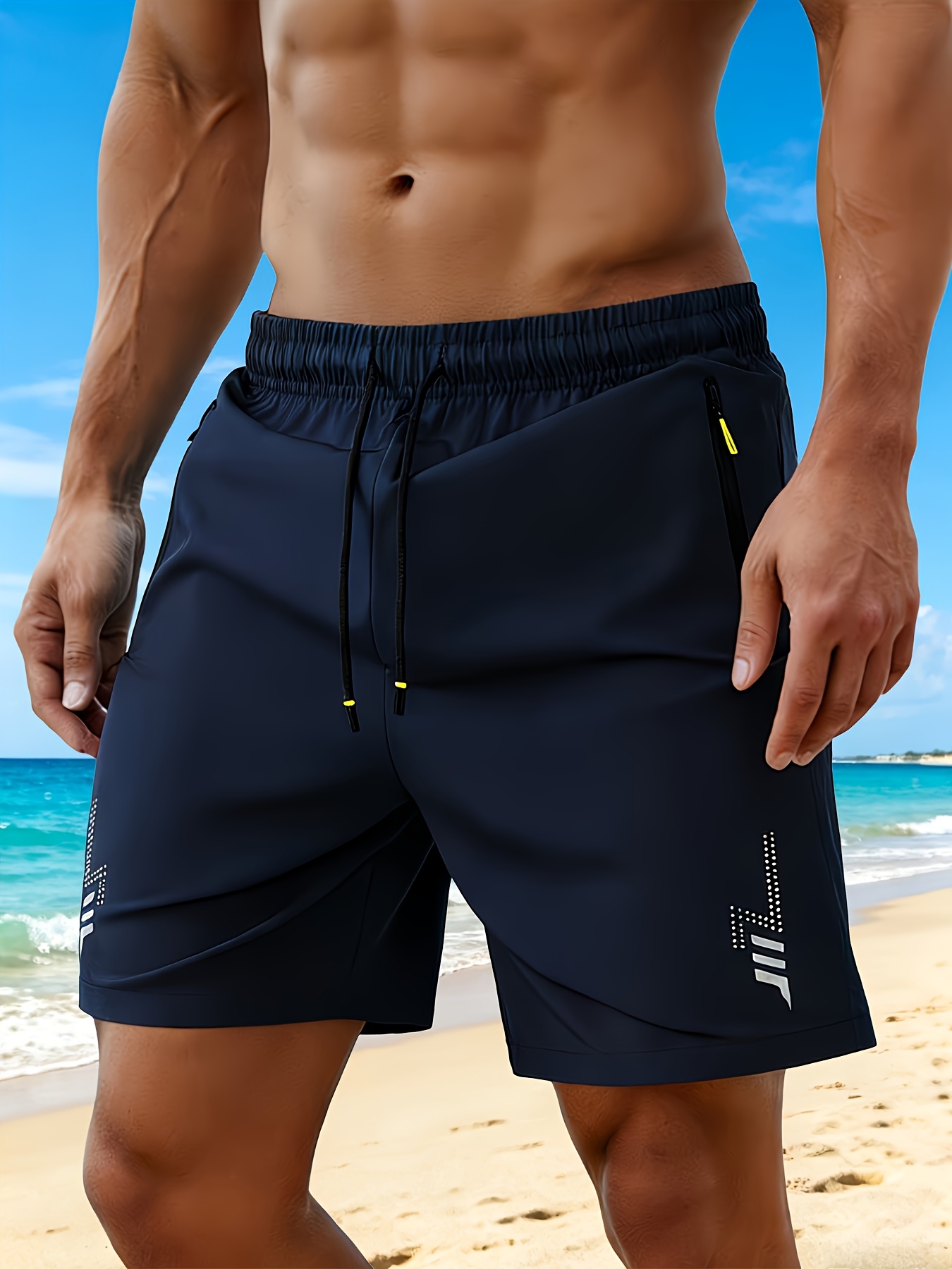mens summer cooling breathable athletic shorts multi color micro elastic outdoor shorts lightning reflective print on   drawstring waist with side zipper design suitable for summer outfits travel and daily basketball fitness training