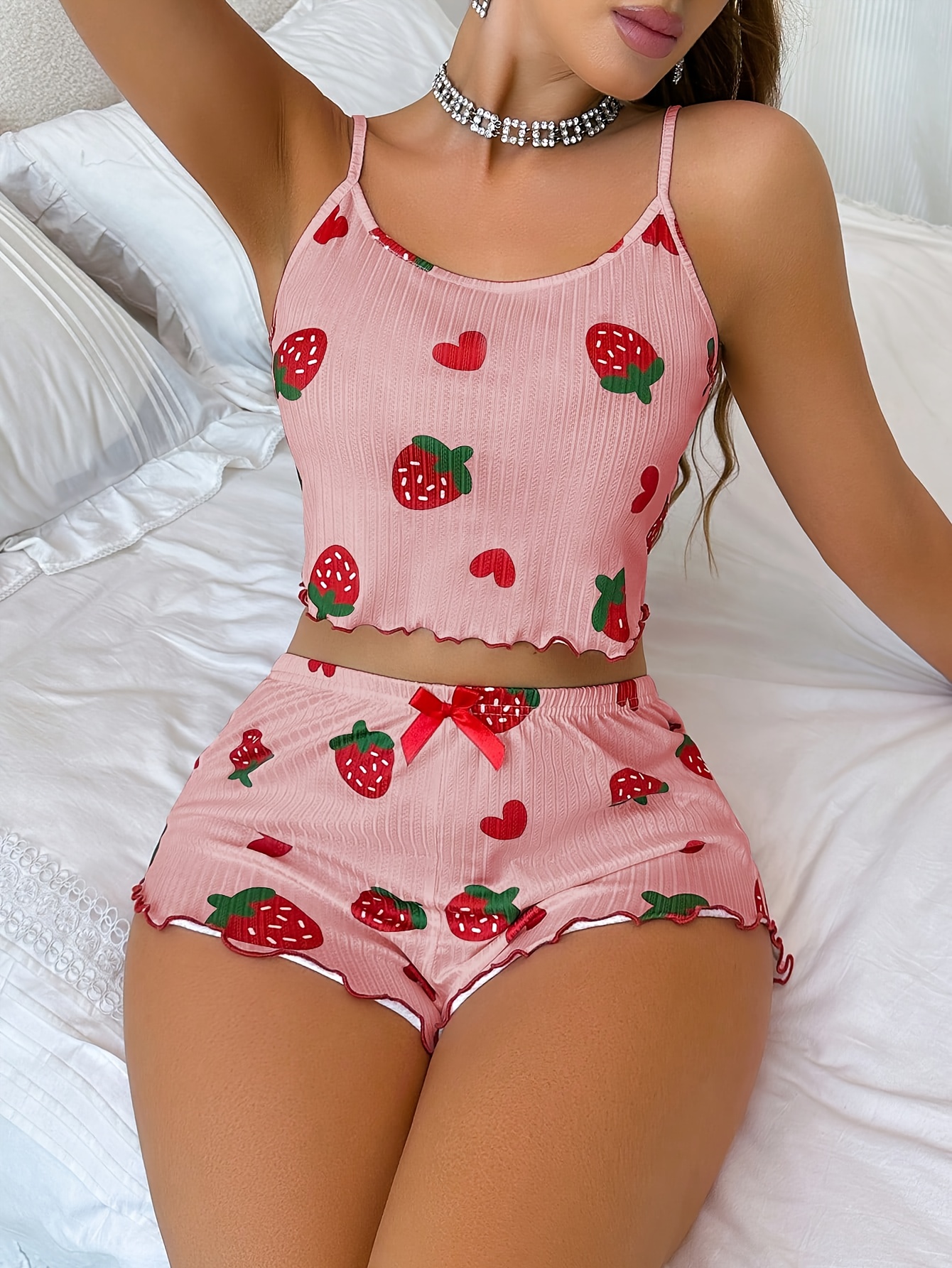 Women'S Strawberry Print Cami Top & Shorts Pajama Set - Cute Summer Sleepwear with Bow Detail, White with Red & Green Strawberries, Sleeveless Spaghetti Strap Design, Perfect for Casual Lounging, Lounging Outfit|Playful Print Top|Playful Print Bottom, Loungewear