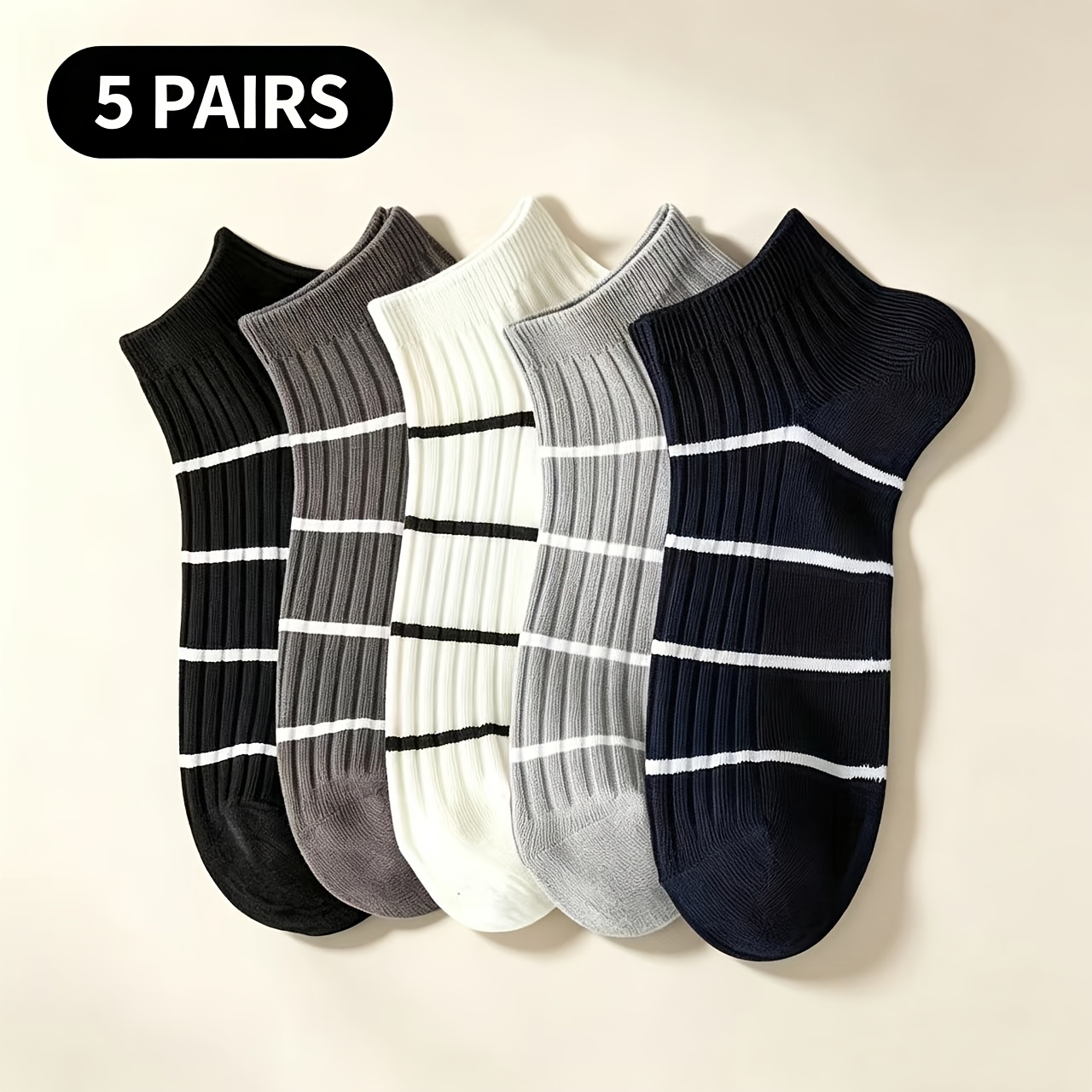 Image of 5 Pairs Striped Athletic Soft Breathable Short Socks, Unisex Multicolor Casual Socks, Design, Essential Gift For Parents And, Fun Styles