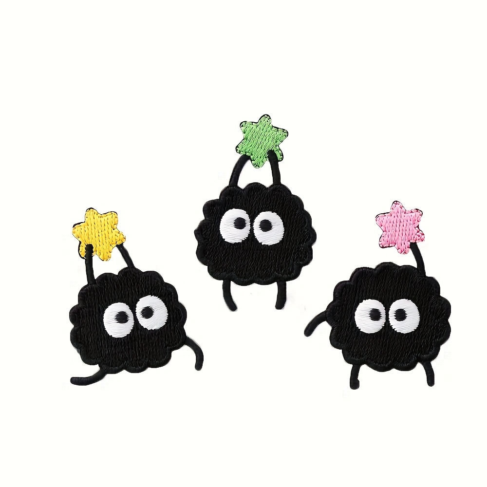 

3pcs Cute Black Imp Embroidered Patches, Self-adhesive Vintage Applications, Assorted Colors (yellow, Green, Pink) For And Accessories