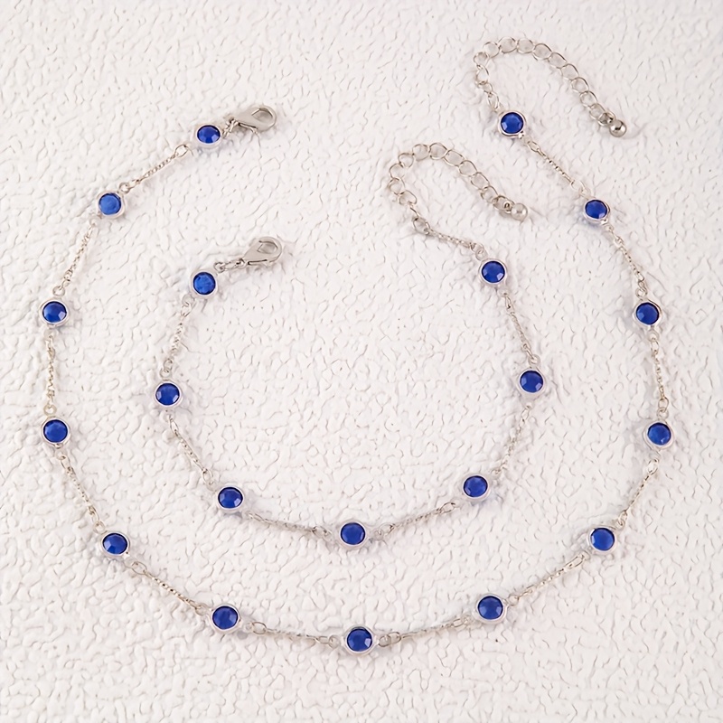 1 Necklace + 1 Anklet, Fashionable And Minimalist Style, Edging Blue Rhinestone Necklace And Anklet Set, Silvery Iron Jewelry Set, Suitable For Banquet Parties, Gift For