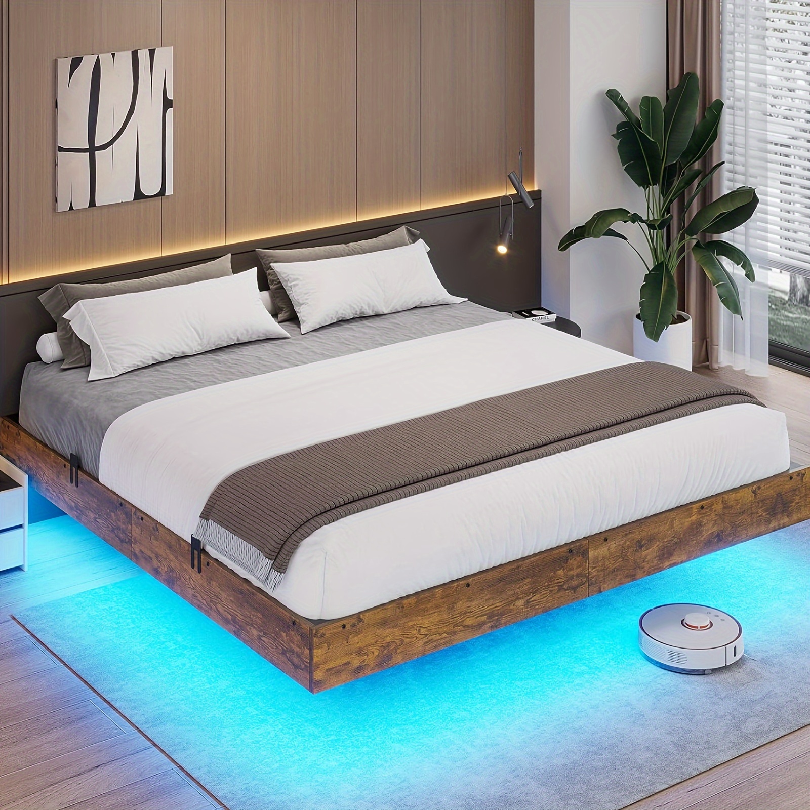 

King Size Floating Platform Bed Frame With Rgb Led Lights, Black Metal Bed Frame With Storage Space, No Box Spring Needed, Vintage Brown