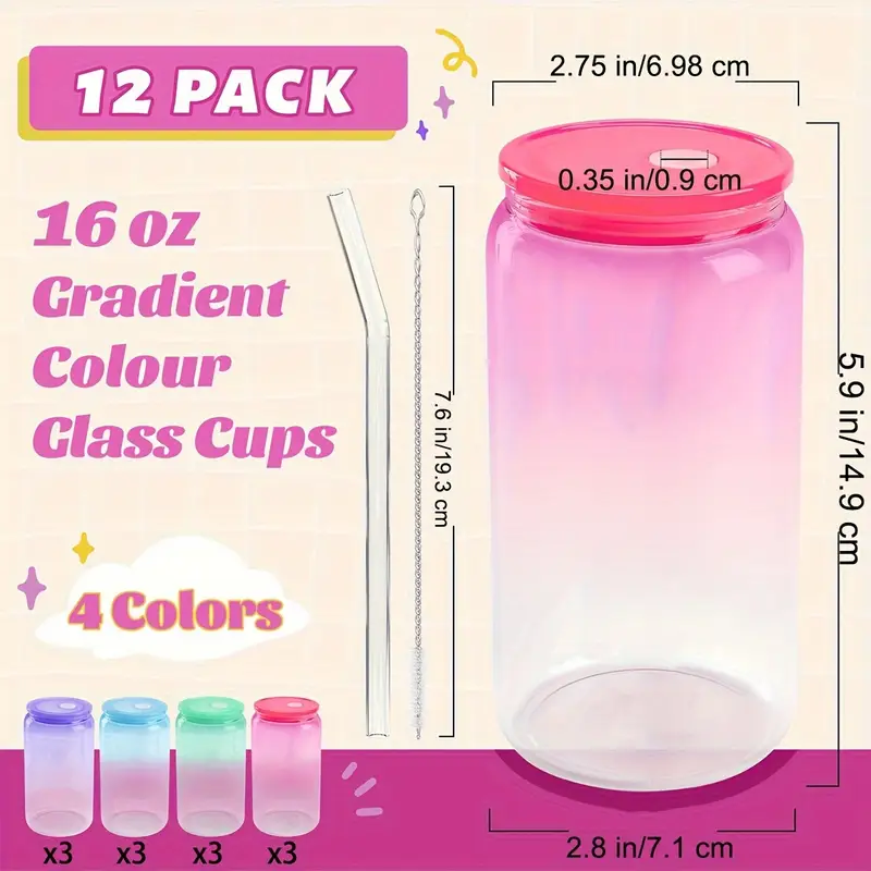 12 packs 16 oz glass cups with acrylic lids and straws can shaped glass iced coffee cups with lids gradient drinking glasses cute tumbler cup great for smoothie soda boba tea cocktail beer gift Product details 6