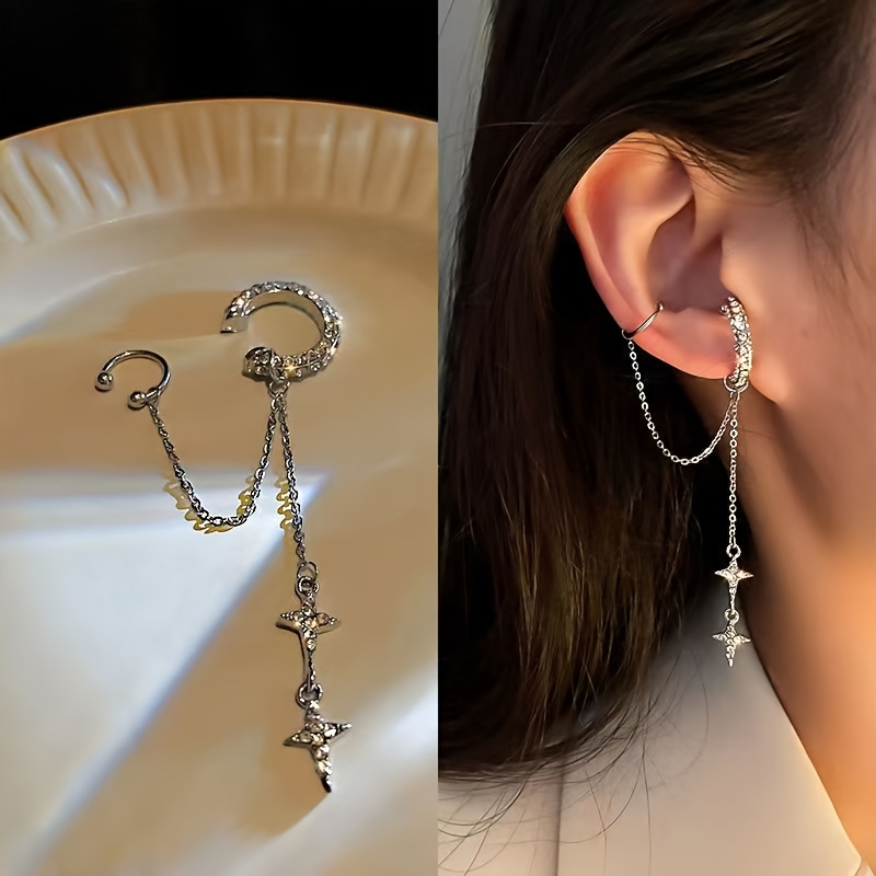 1pc womens no piercing ear cuff   star and moon chain tassel silvery adjustable ear clip lightweight exquisite fashion accessory suitable for daily wear parties   birthdays valentines day gifts