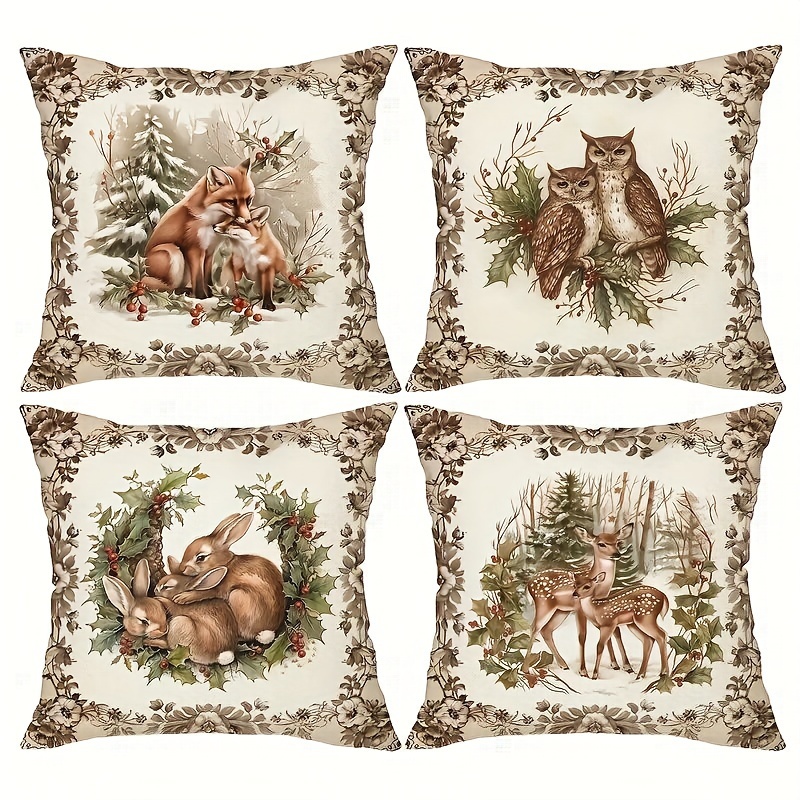 

4pcs Winter Throw Pillow Covers Set - 18x18 Inch Wildlife Design, Farmhouse Holiday Decor For Sofa & Outdoor , Zip Closure, Machine Washable Polyester