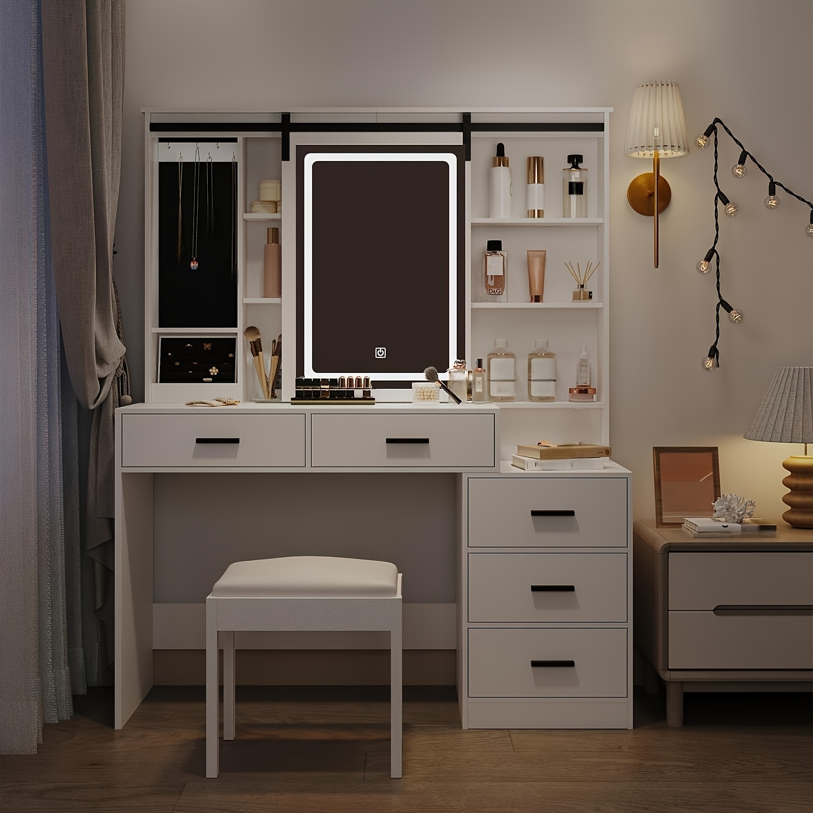 Großer Schminktisch Mit LED-Spiegel & 8 Schubladen – Weißer Make-up-Tisch Mit Steckdose & 3 Beleuchtungsmodi