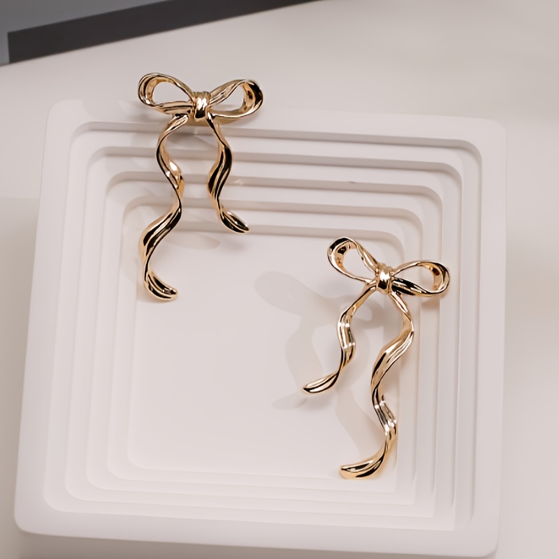Golden Bowknot Drop Earrings Fashionable Dangle Statement Jewelry