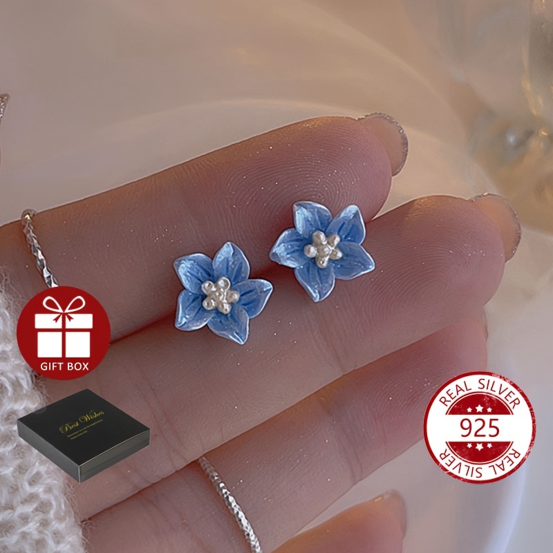 

S925 Sterling Silver 3d Blue Flower Stud Earrings Camellia Stud Earrings Ear Piercing Jewelry Exquisite Couple Jewelry Gifts Daily Wearing Accessories With Gift Box 1.5g/0.05oz