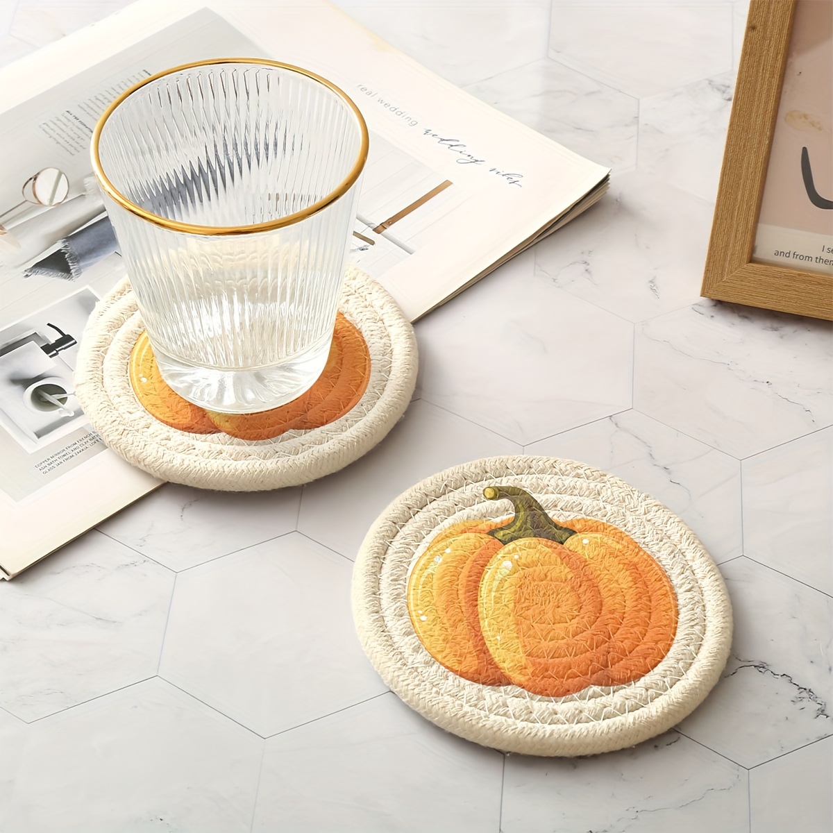

Cotton Blend Pumpkin Pattern Coasters - Set Of 1, 12cm Heat Resistant Drink Mats, Minimalist Festive Gift, Artistic Autumn Natural Elements Home Party Decor