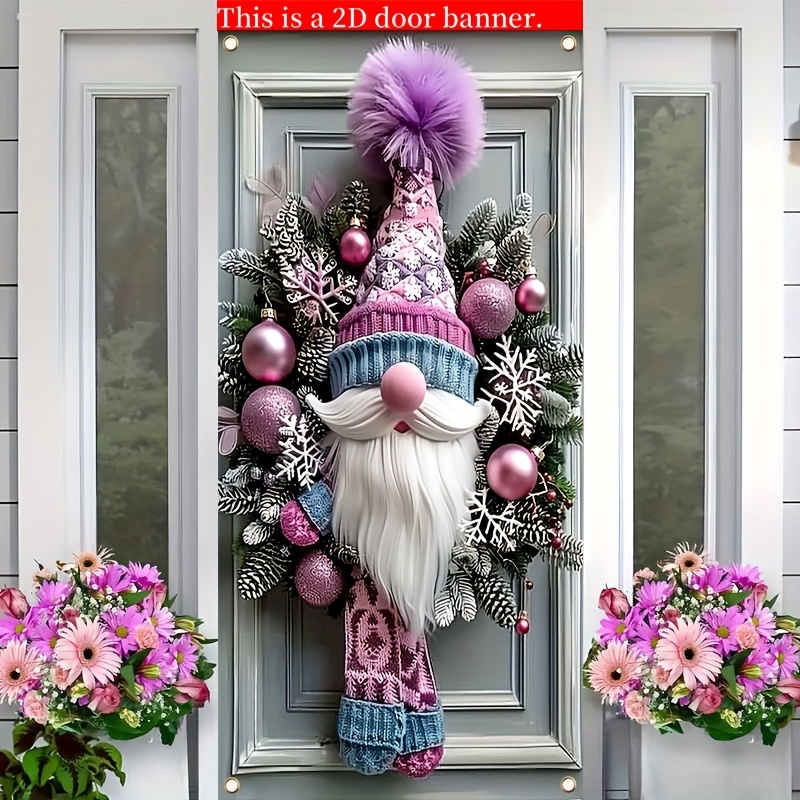 

2d Door Banner 1pc Wreath Door Cover - 2d Purple Hat Hanging Ornament, Polyester, No Electricity Needed, Outdoor Holiday Sign For Christmas, New Year, Spring, Winter Decor, 35.4x70.8inch