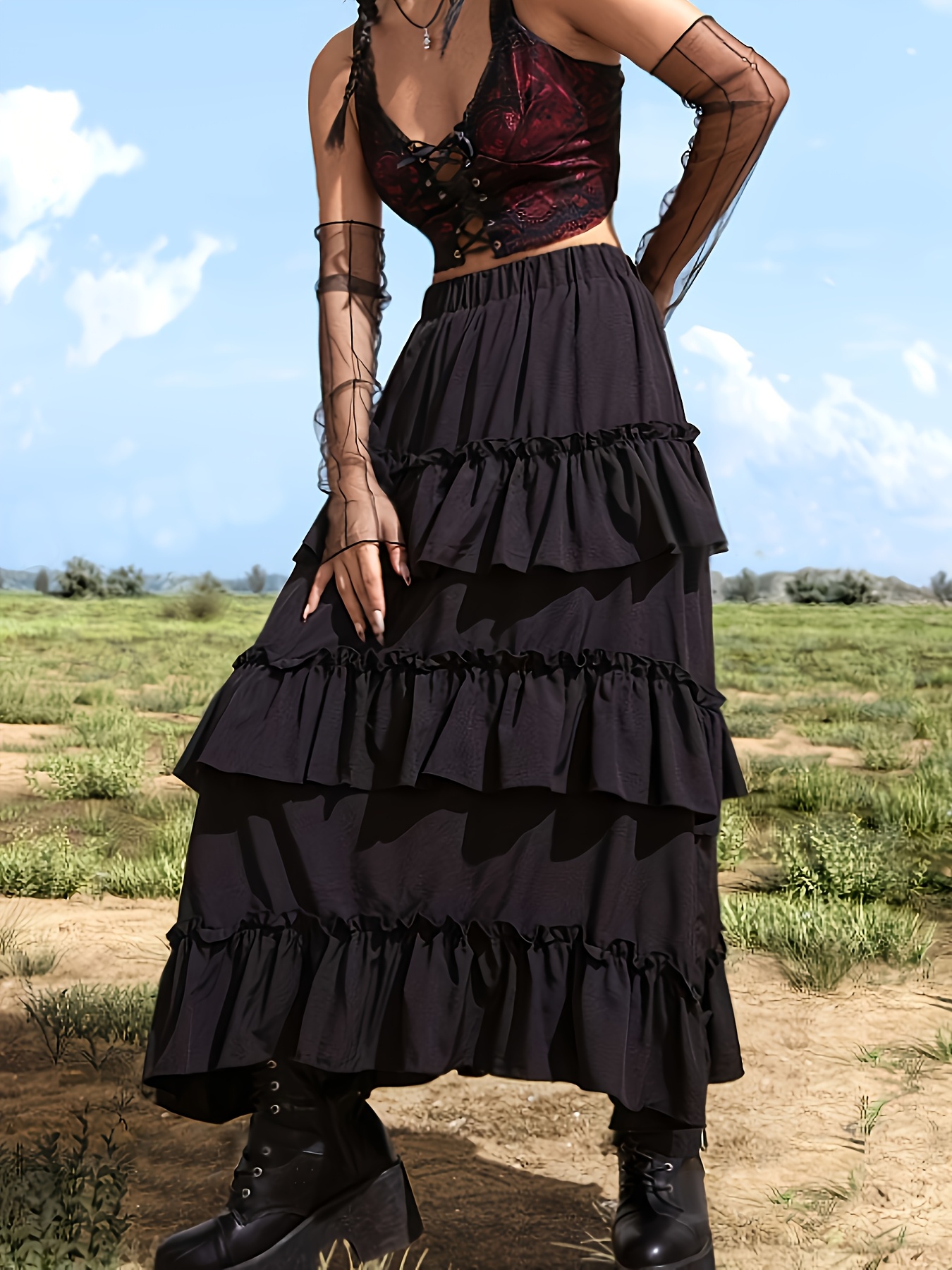 gothic style black layered skirt hem 100 polyester Temu Italy