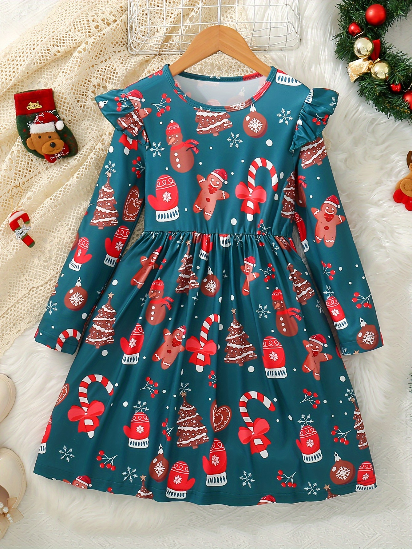girls festive christmas print long sleeve dress lace detail - Temu