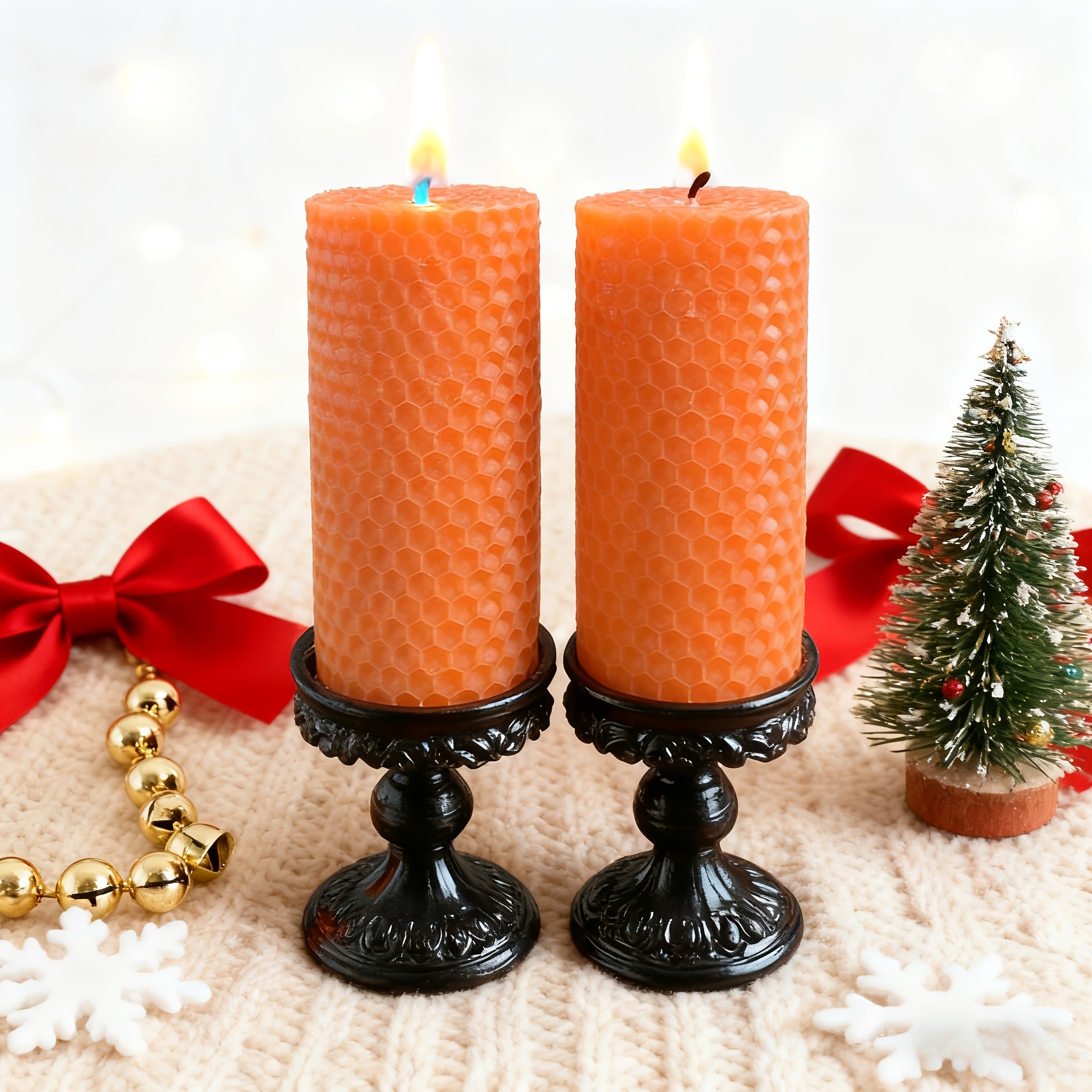 Un juego de 2 velas de cera de abeja, velas festivas, cera de abeja enrollada, velas de cera de abeja naranja hechas a mano, negras, tamaño 5X15Cm, tiempo de combustión prolongado, adecuadas para Navidad, Halloween, fiestas, decoración del hogar, velas de invierno, Día de San Valentín, Hanukkah