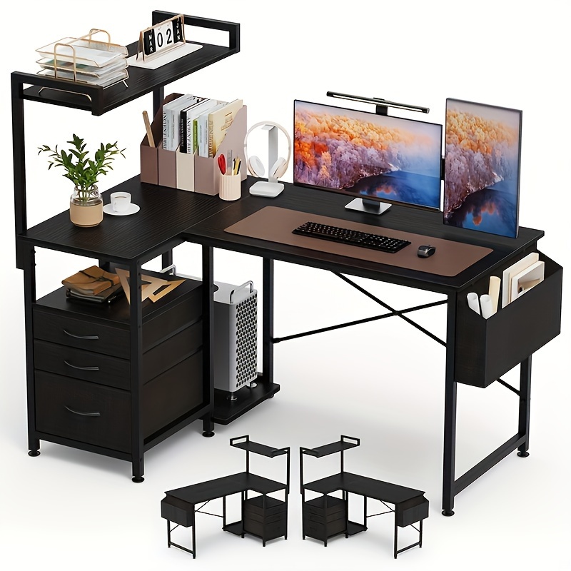 

1set L-shaped Computer Desk 47 Inches, Modern Simple Style, Reversible With Storage Shelves, 3 Fabric Drawers, Side Pouch, Casual Metal Frame, Home Office Workstation