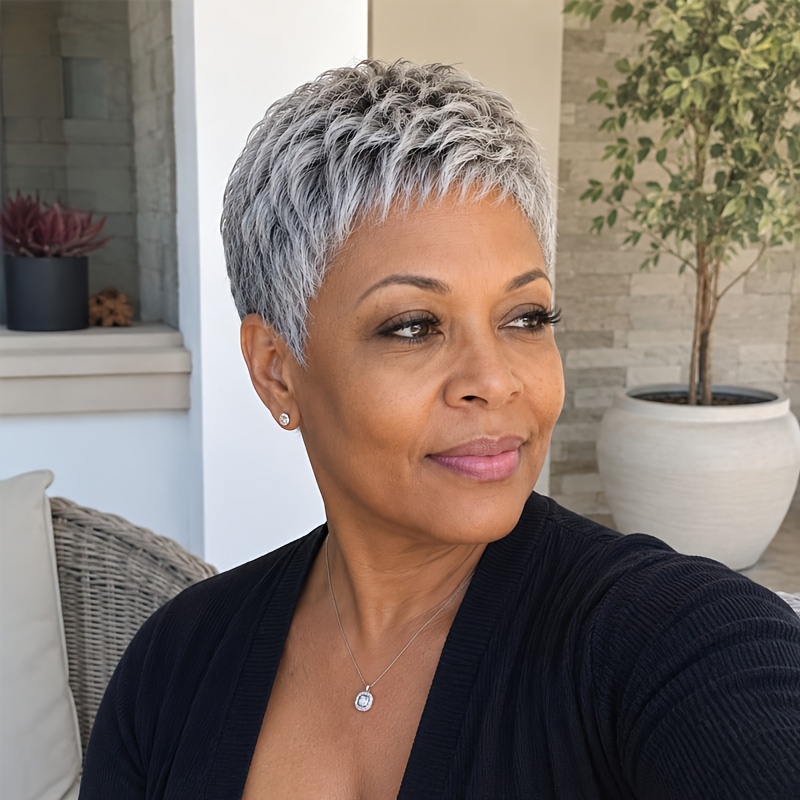 Hair Short Cut Wig For Women Real Hair, Salt And Pepper Gray, Natural Look, Cut & , Breathable