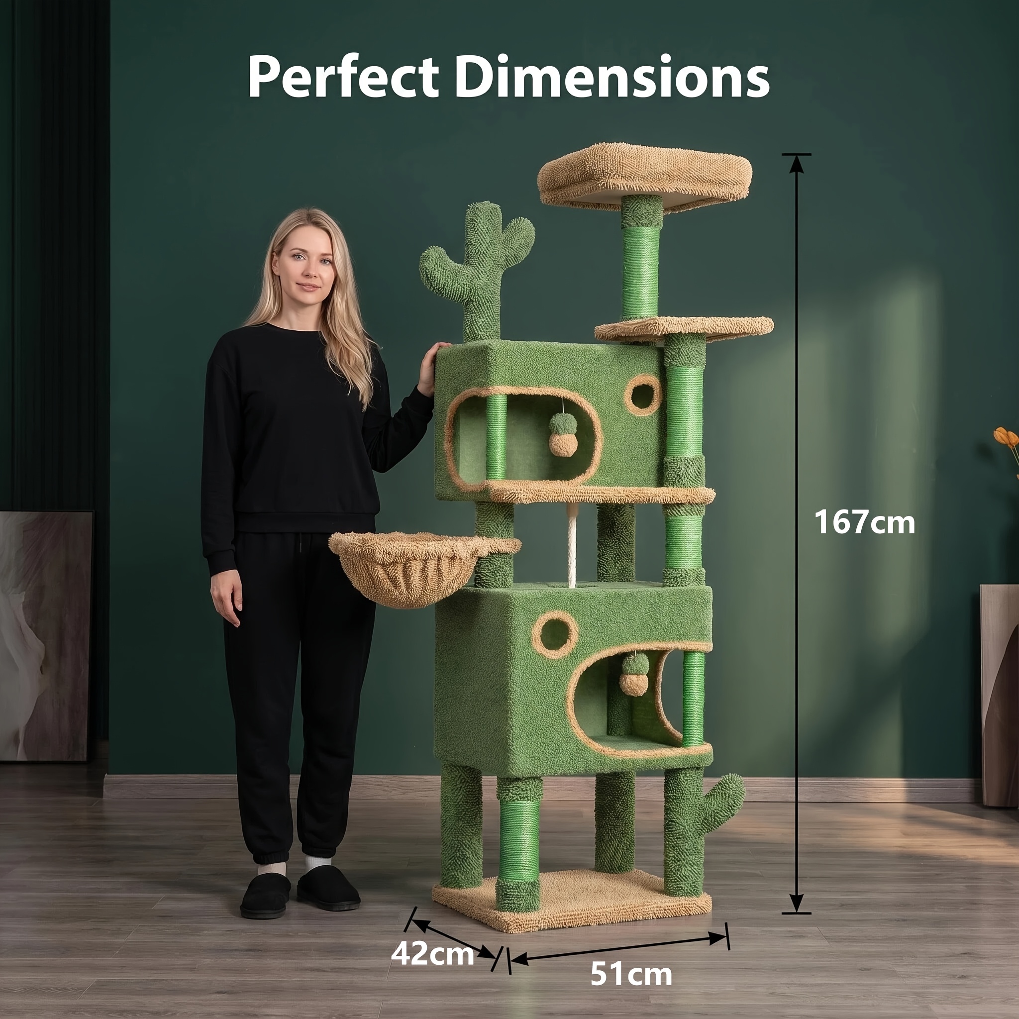 Image of Green Plant Cat Tree, 167cm, Creative Cactus Scratch Posts, 6 Durable Scratch Posts, Double Platform, Door, Cat Basket, Plush Ball, Suitable For Large And Small Cats, Green And Brown