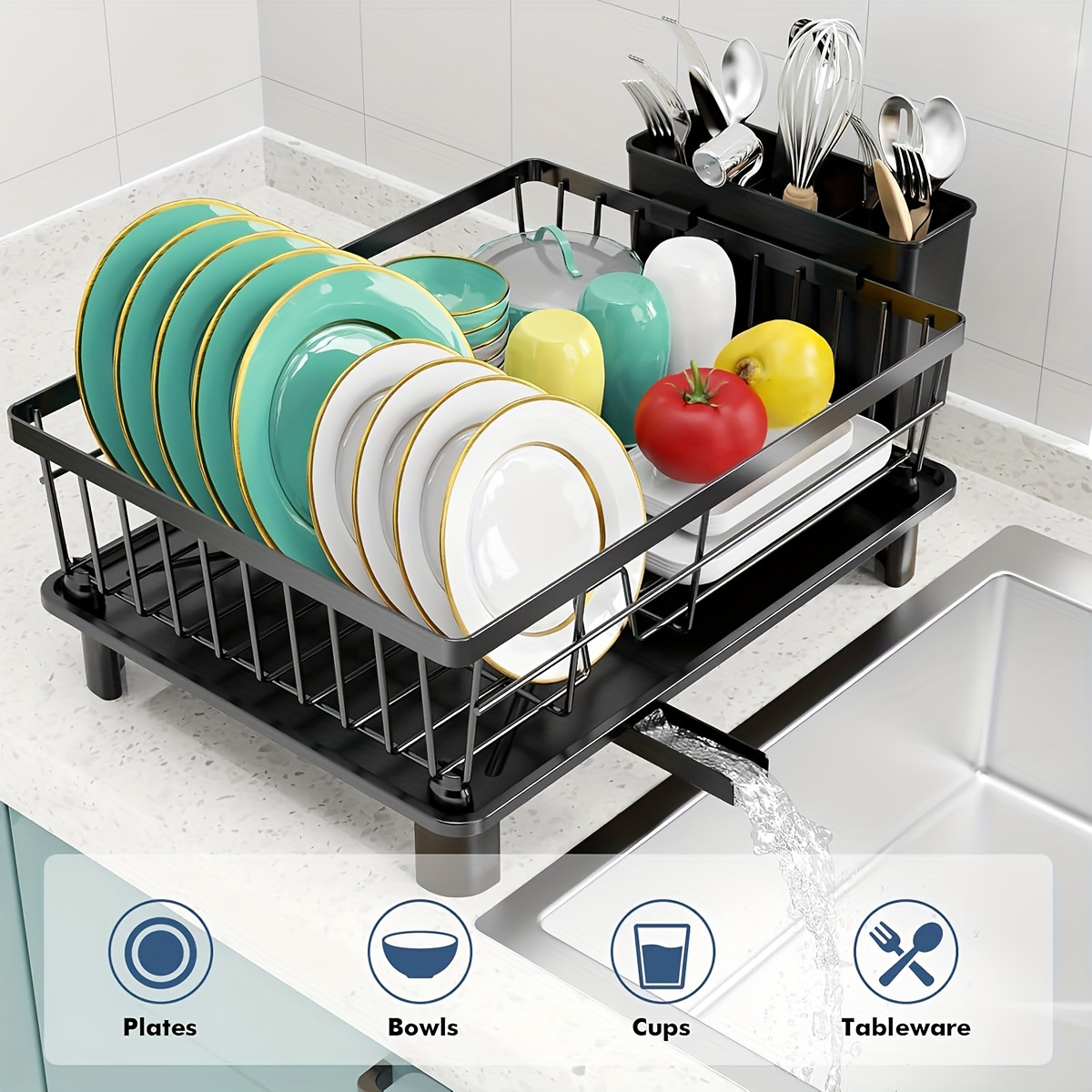 dish drying rack dish rack for kitchen counter large capacity dish drainer with cutlery holder kitchen organizer for dishes spoons and forks Product details 2